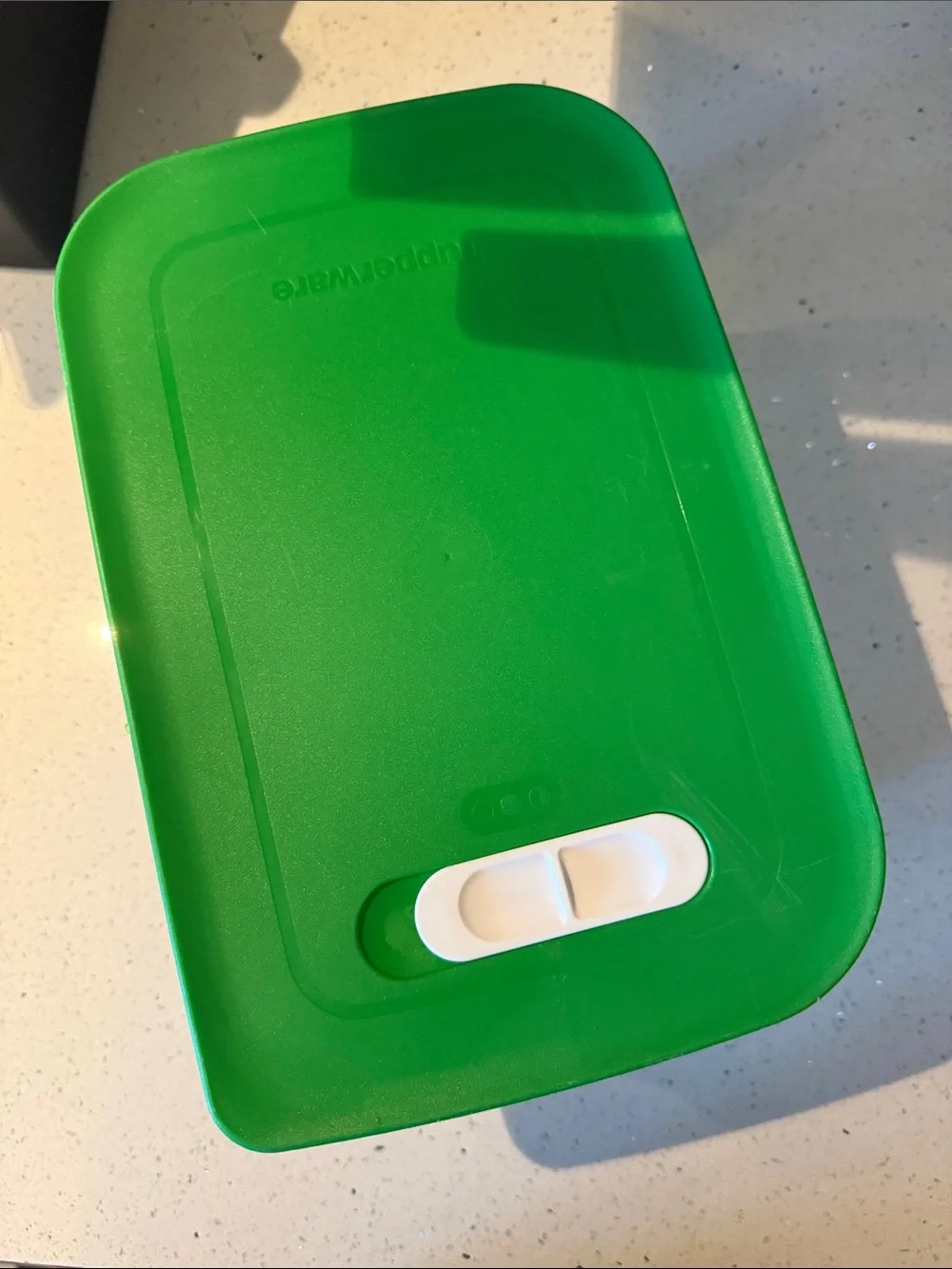 Tupperware Clear Container with Green Lid and Vegetable Graphic